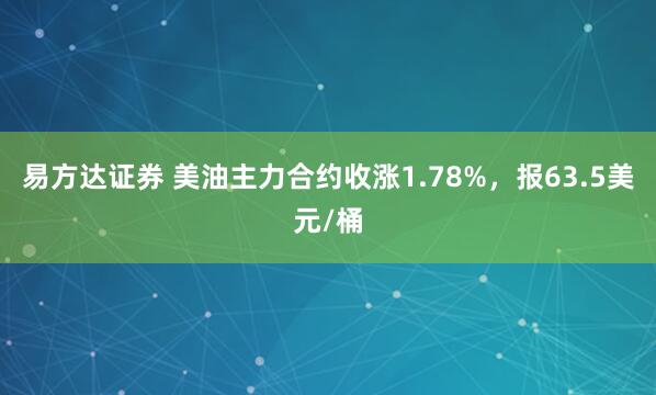 易方达证券 美油主力合约收涨1.78%，报63.5美元/桶